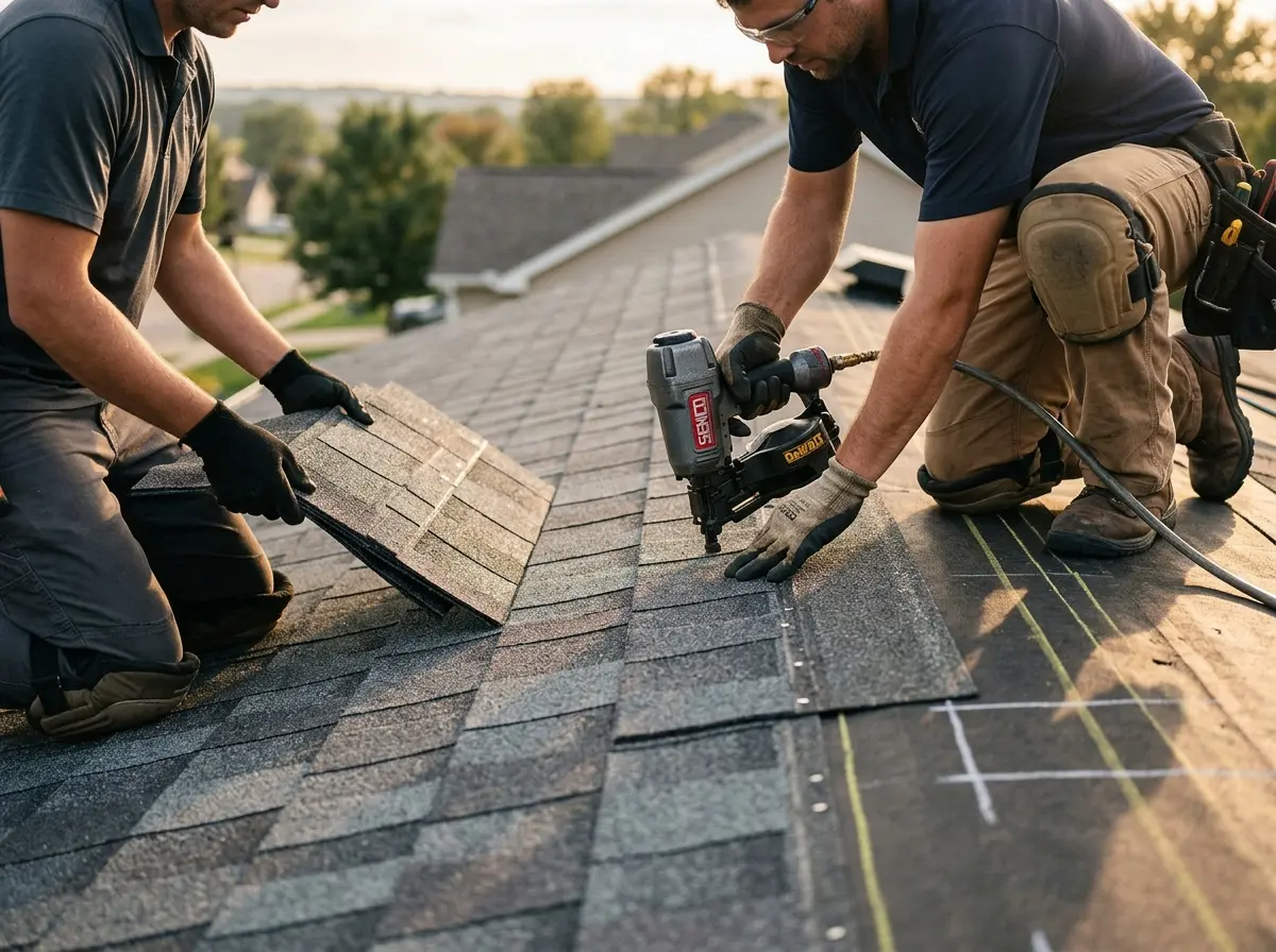 Professional roofer working on a residential roof in Lake Park